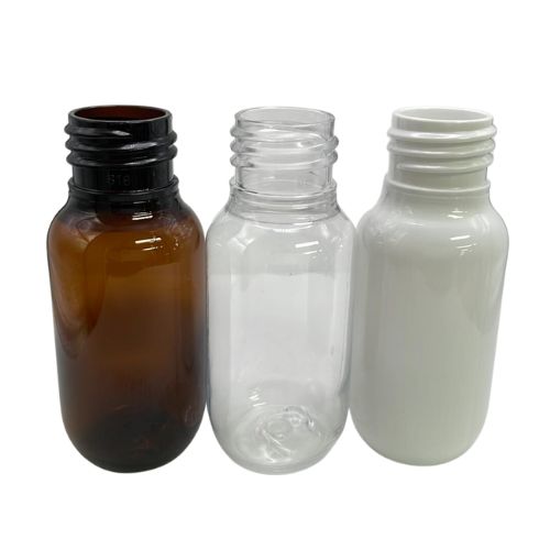 50ml squeezable bottles in amber, clear and white