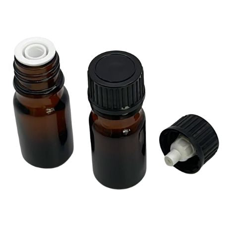 5ml amber glass bottle with white dripulator and black lid