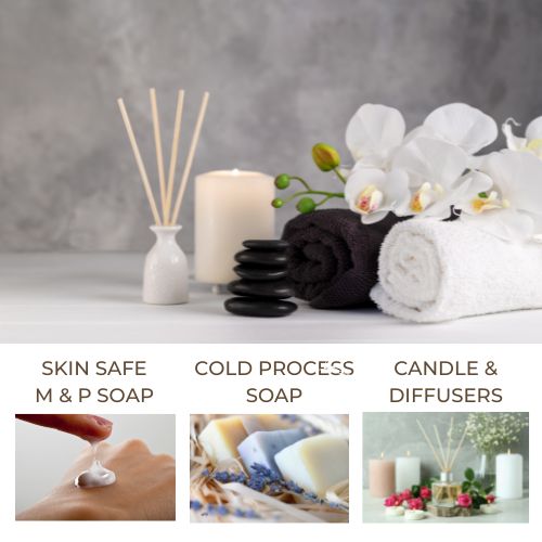 Towels, candle, diffuser and rocks to represent day at the spa fragrance oil