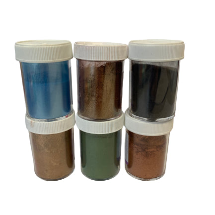 Earth mica pack containing blue, brown, grey, tan green and copper colours