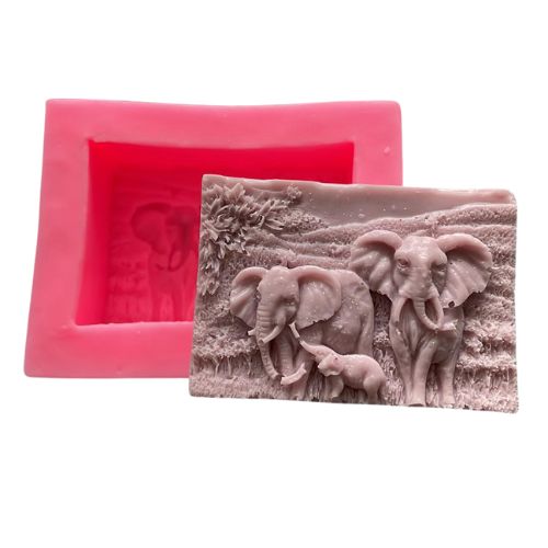 Elephant family silicone mould and soap made from it.