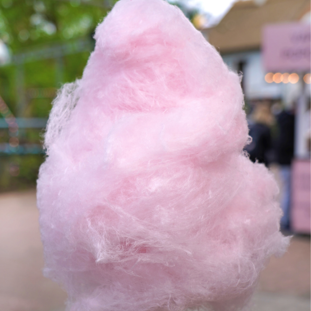 Fairy floss flavour showing large stick of pink fairy floss