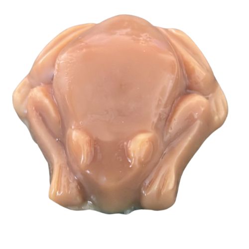 Tan frog soap showing the colour achieved when lingonberry spice fragrance is used in cold process soap