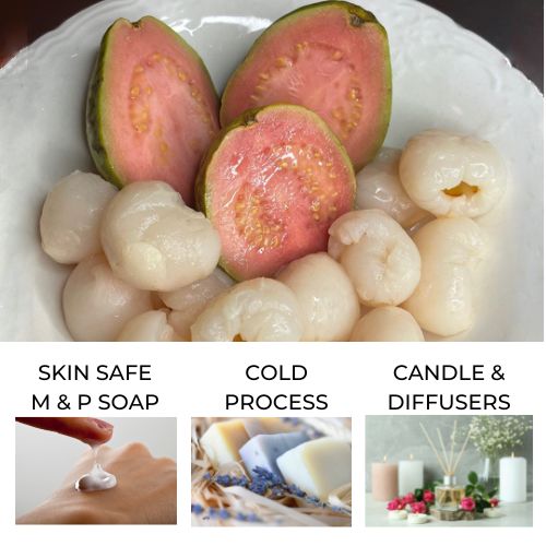 A white bowl of lychee and guavas to represent Lychee and Guava Fragrance Oil