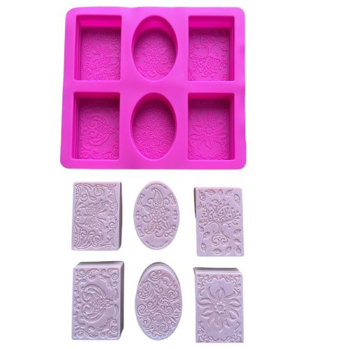 Pink ornate mould and 6 soaps made from it