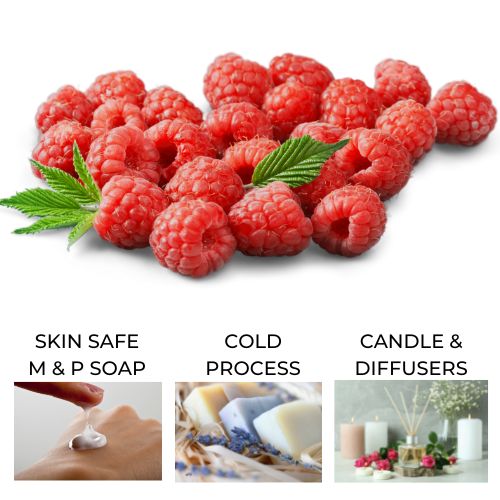 Raspberry dream fragrance oil is represented by scattered fresh raspberries.