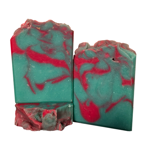 Green sea mist mica soap with red swirls