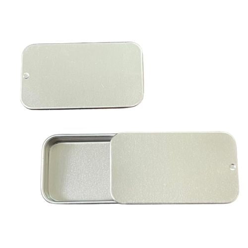 Silver coloured aluminium rectangular tins with slide top