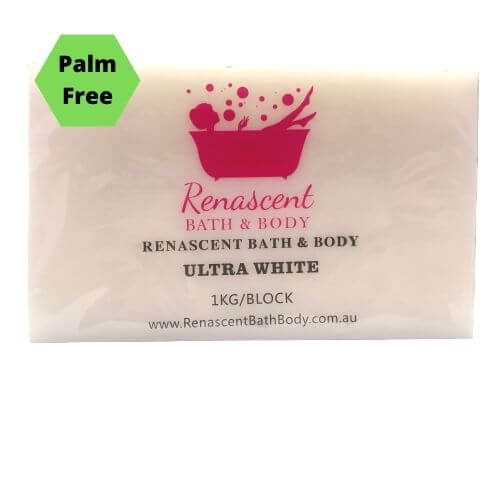 Packaged white soap base with Renascent Bath & Body branding, indicating the product is palm free and weighs 1kg.