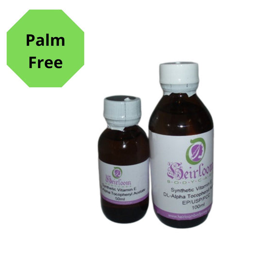 Vitamin E synthetic bottles shown in two sizes with palm free notification in the corner