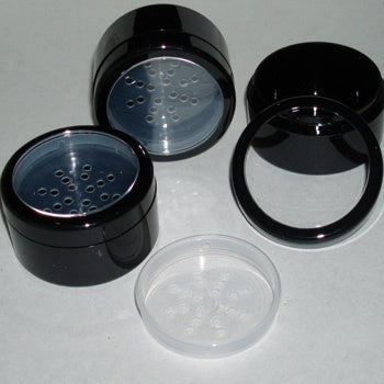 30gm Black Pots, Black Rimmed Lids + Sifter