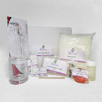 Soy Wax Candle Kit ingredients laid out on a white back ground