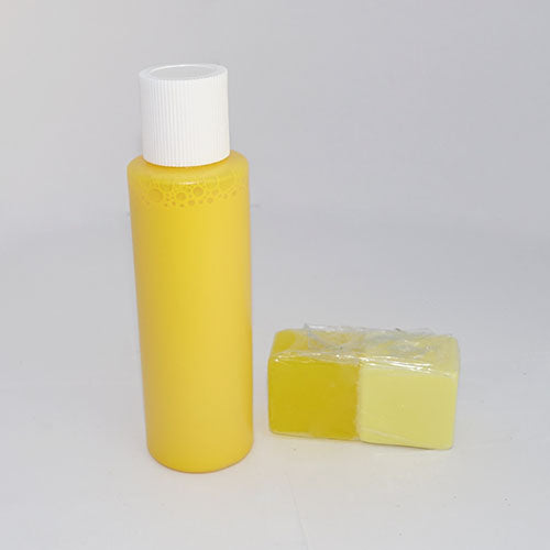 Yellow Liquid Soap Colour in a bottle and melt and pour soap samples